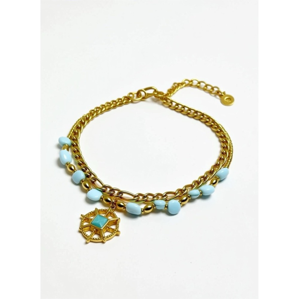Layered Gold Bracelet with Aqua Stone Charm | Boho Coin Charm, Handmade Jewelry